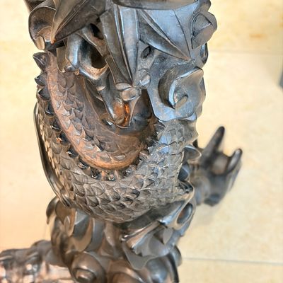 A Chinese carved hongmu table with a blue and white 'Dragons' plaque — photo 22