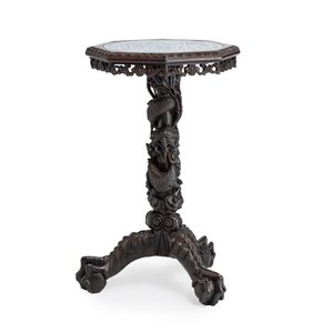 A Chinese carved hongmu table with a blue and white 'Dragons' plaque — photo 3
