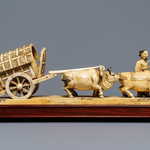 A Chinese carved ivory group of a farmer with buffalo chariot, ca. 1900 — photo 1