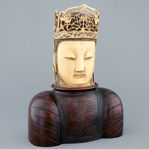 A Chinese carved ivory head of Buddha on wooden stand, 19th C. — 照片 1