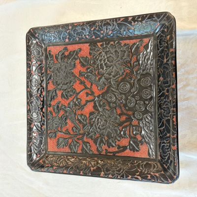 A Chinese carved red and black cinnabar lacquer square tray — photo 1