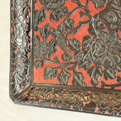 A Chinese carved red and black cinnabar lacquer square tray — photo 2