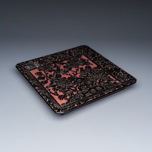 A Chinese carved red and black cinnabar lacquer square tray — photo 1