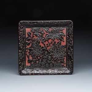A Chinese carved red and black cinnabar lacquer square tray — photo 2