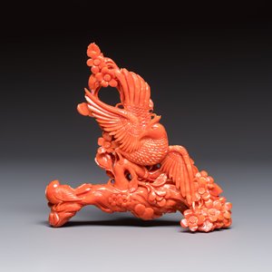 A Chinese carved red coral 'Birds and Flowers' group on a wooden stand, 19/20th C. — photo 5