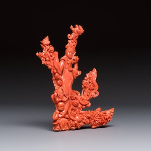 A Chinese carved red coral 'Goddess and Boy' group, 19/20th C. — 照片 5