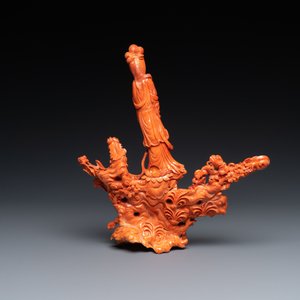 A Chinese carved red coral 'Guanyin' group, 19/20th C. — 照片 3