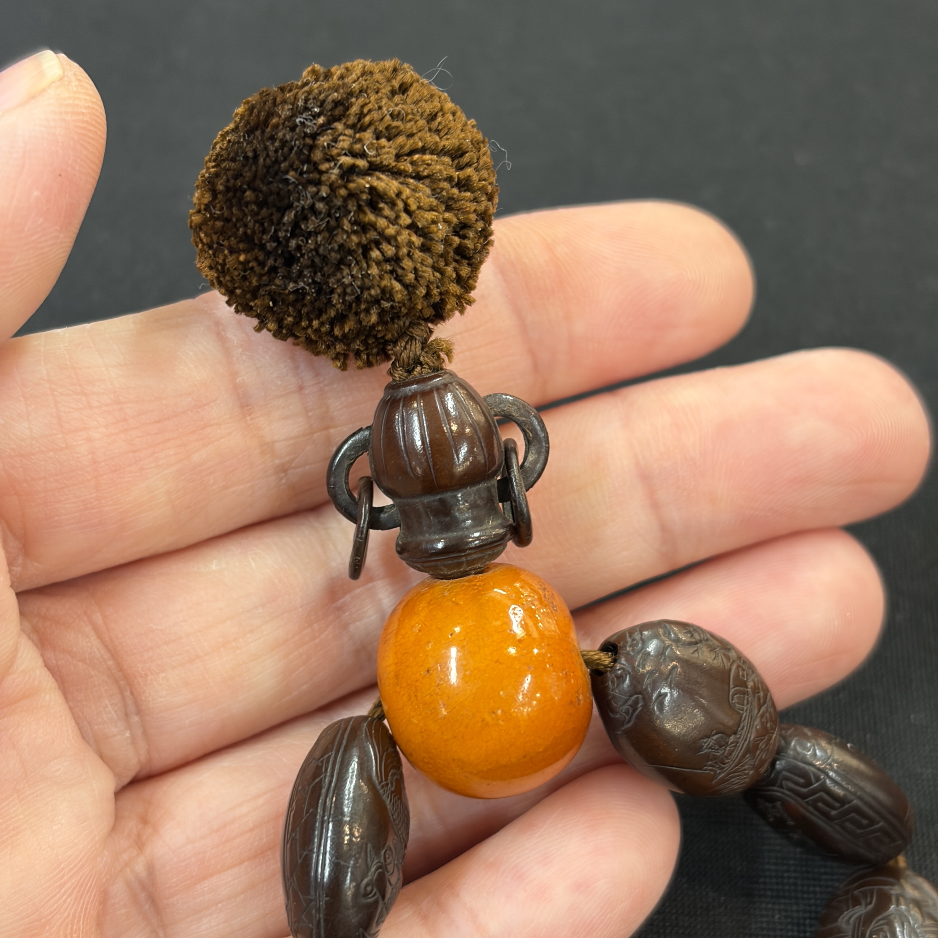 A Chinese carved seed prayer beads and amber beads — photo 11