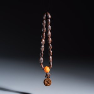 A Chinese carved seed prayer beads and amber beads — photo 3