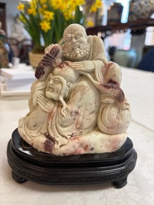 A Chinese carved soapstone 'Luohan' group on a wooden stand, Republic — 照片 1