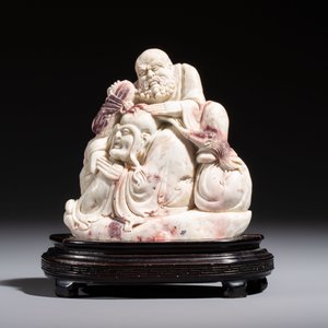 A Chinese carved soapstone 'Luohan' group on a wooden stand, Republic — 照片 2