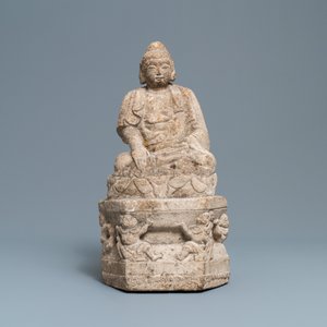 A Chinese carved stone group of Buddha on a throne, Wei or later — photo 2