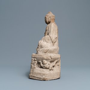 A Chinese carved stone group of Buddha on a throne, Wei or later — photo 3