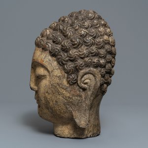 A Chinese carved stone head of Buddha with traces of gilding and polychromy, Ming — photo 3
