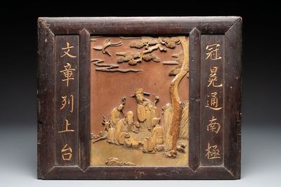A Chinese carved stone 'Sanxing' plaque mounted in a wooden frame, 19th C.