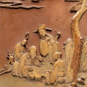 A Chinese carved stone 'Sanxing' plaque mounted in a wooden frame, 19th C. — 照片 3