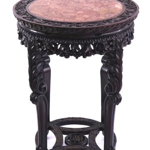 A Chinese carved wood and marble round vase stand — 照片 1