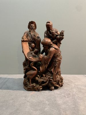 A Chinese carved wooden 'Fu Lu Shou' group, 19/20th C. — photo 1
