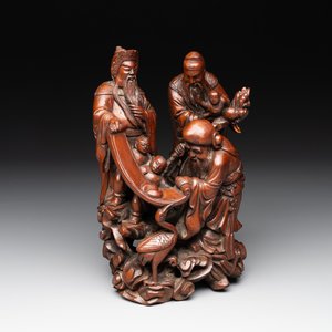 A Chinese carved wooden 'Fu Lu Shou' group, 19/20th C. — photo 1