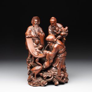 A Chinese carved wooden 'Fu Lu Shou' group, 19/20th C. — photo 2