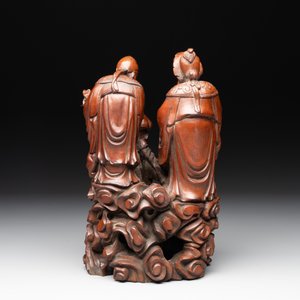 A Chinese carved wooden 'Fu Lu Shou' group, 19/20th C. — photo 4