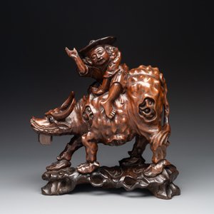 A Chinese carved wooden group of a boy riding a water buffalo, 20th C. — photo 2