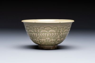 A Chinese carved Yaozhou celadon-glazed bowl with floral design, Jin