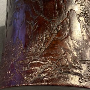 A Chinese carved zitan wood brush pot with a mountainous landscape, 17/18th C. — photo 16