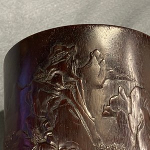 A Chinese carved zitan wood brush pot with a mountainous landscape, 17/18th C. — photo 18