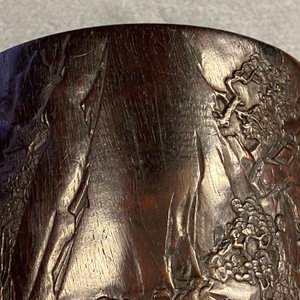 A Chinese carved zitan wood brush pot with a mountainous landscape, 17/18th C. — photo 28