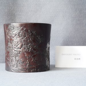 A Chinese carved zitan wood brush pot with a mountainous landscape, 17/18th C. — photo 47