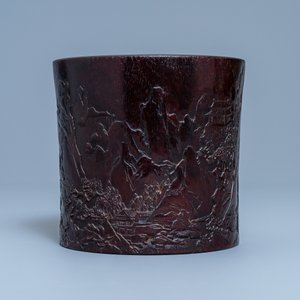 A Chinese carved zitan wood brush pot with a mountainous landscape, 17/18th C. — 照片 5