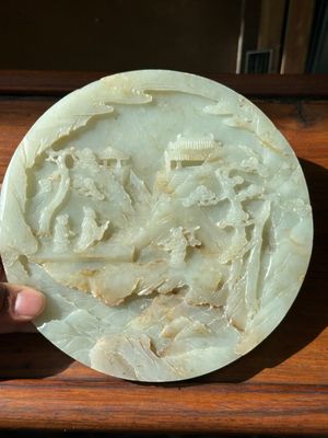 A Chinese celadon and russet jade plaque with landscape design, 19th C. — photo 10