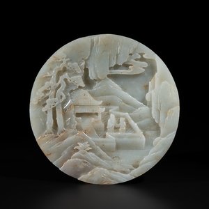 A Chinese celadon and russet jade plaque with landscape design, 19th C. — photo 1