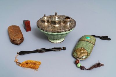 A Chinese celadon bowl with silver inkwell mount, two spectacle cases, a horn seal and a lorgnette, 19/20th C.