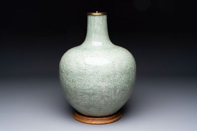 A Chinese celadon-glazed 'lotus scroll' globular vase mounted as lamp, 19th C.