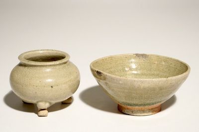 A Chinese celadon-glazed tripod censer and a small bowl, prob. Yuan/Ming