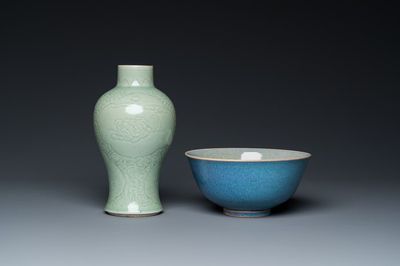 A Chinese celadon-glazed vase with underglaze design and a junyao-type bowl, 19/20th C.