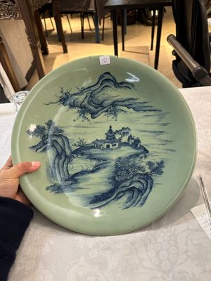 A Chinese celadon-ground blue and white dish and a vase and cover, Chenghua mark, 19th C. — photo 1