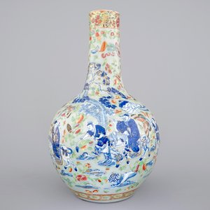 A Chinese celadon-ground blue and white porcelain bottle-shaped vase with Cantonese overdecoration, 19th C. — 照片 1