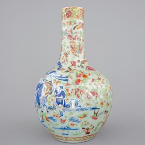 A Chinese celadon-ground blue and white porcelain bottle-shaped vase with Cantonese overdecoration, 19th C. — 照片 2