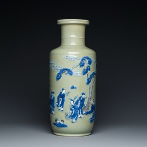 A Chinese celadon-ground blue, white and copper-red rouleau vase, Kangxi — 照片 1