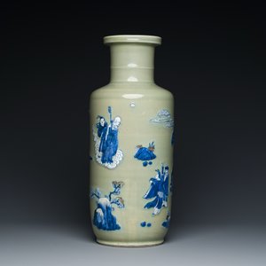 A Chinese celadon-ground blue, white and copper-red rouleau vase, Kangxi — 照片 2