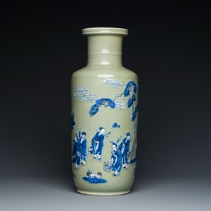A Chinese celadon-ground blue, white and copper-red rouleau vase, Kangxi — 照片 3