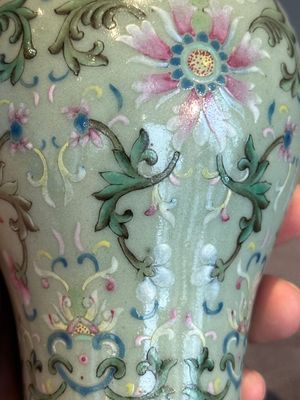 A Chinese celadon-ground famille rose 'meiping' 'flower scroll' vase, Qianlong mark and of the period — photo 11