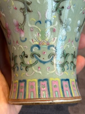 A Chinese celadon-ground famille rose 'meiping' 'flower scroll' vase, Qianlong mark and of the period — photo 12
