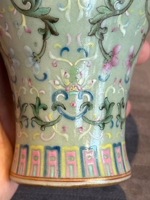 A Chinese celadon-ground famille rose 'meiping' 'flower scroll' vase, Qianlong mark and of the period — photo 15