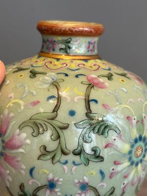 A Chinese celadon-ground famille rose 'meiping' 'flower scroll' vase, Qianlong mark and of the period — photo 17