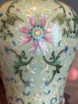 A Chinese celadon-ground famille rose 'meiping' 'flower scroll' vase, Qianlong mark and of the period — photo 19