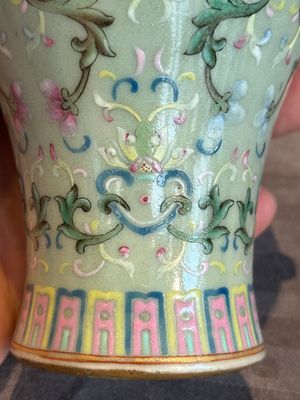 A Chinese celadon-ground famille rose 'meiping' 'flower scroll' vase, Qianlong mark and of the period — photo 21